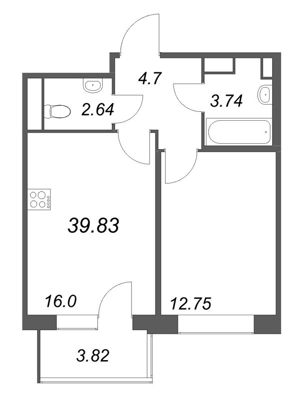 2-комнатная (Евро) квартира, 39.83 м² в ЖК "Дом на Курской" - планировка, фото №1