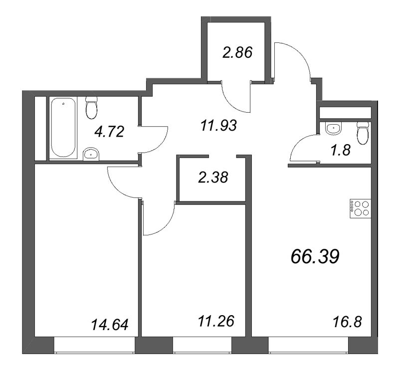3-комнатная (Евро) квартира, 66.39 м² в ЖК "Avant" - планировка, фото №1