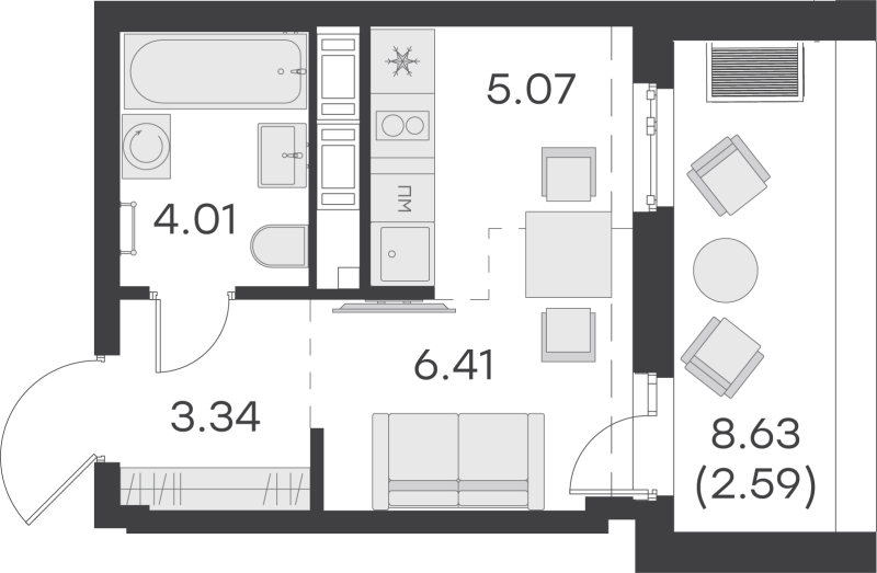 Квартира-студия, 21.42 м² - планировка, фото №1