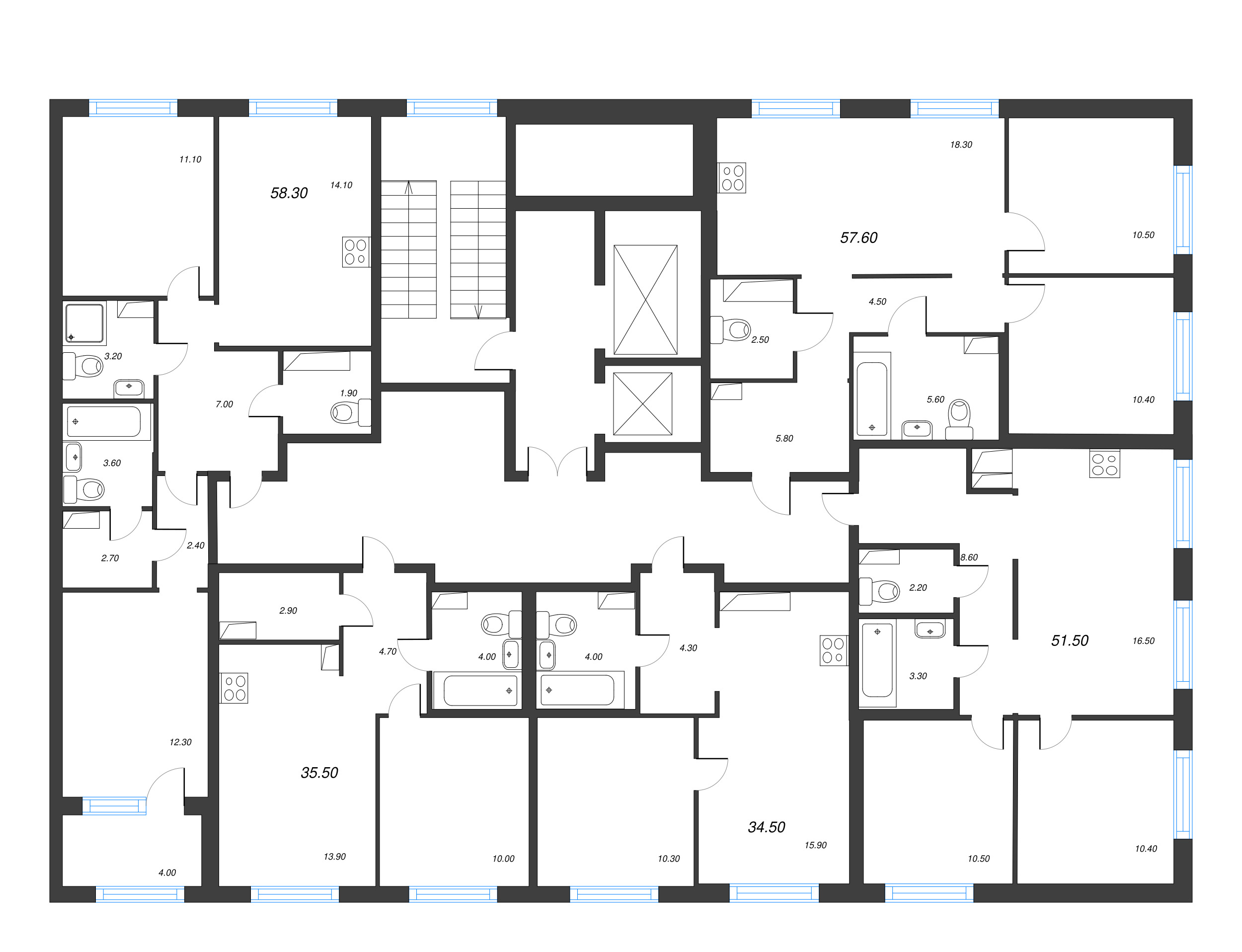 2-комнатная квартира, 58.3 м² в ЖК "Струны" - планировка этажа