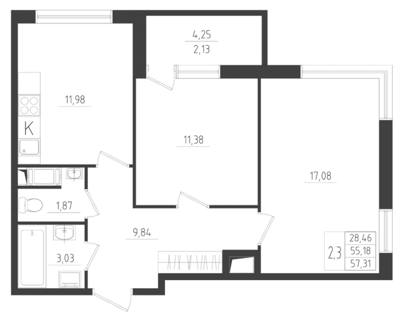 2-комнатная квартира, 57.31 м² - планировка, фото №1
