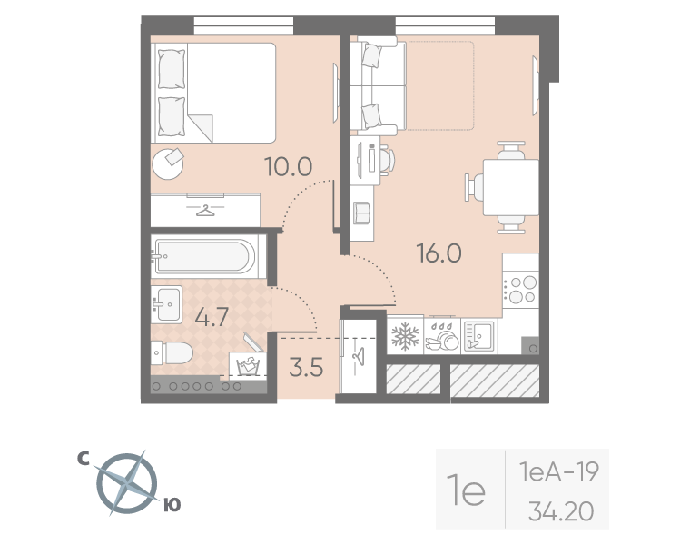 2-комнатная (Евро) квартира, 34.2 м² в ЖК "Пулково Lake" - планировка, фото №1