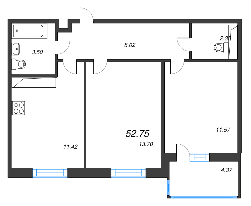 2-комнатная квартира, 52.75 м² - планировка, фото №1