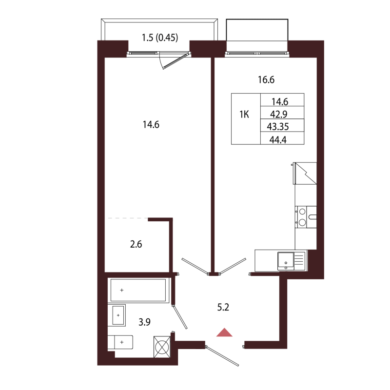 2-комнатная (Евро) квартира, 43.35 м² в ЖК "Лисино" - планировка, фото №1