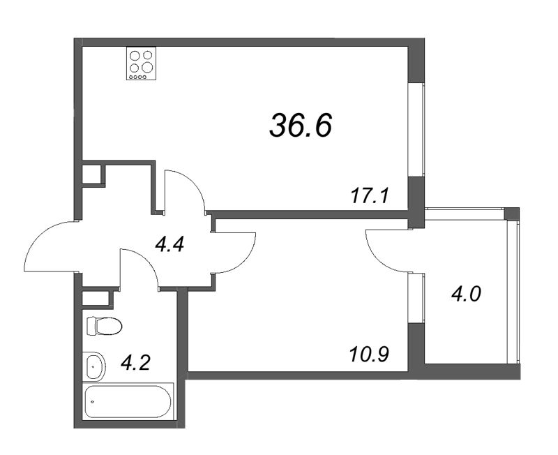 2-комнатная (Евро) квартира, 36.6 м² - планировка, фото №1