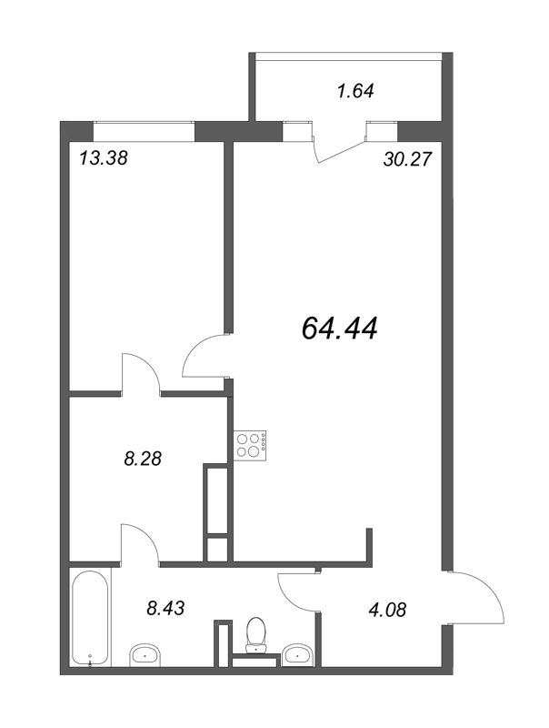 2-комнатная (Евро) квартира, 64.44 м² - планировка, фото №1