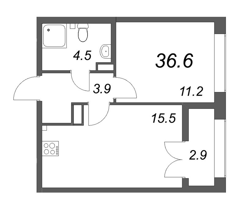 2-комнатная (Евро) квартира, 36.6 м² - планировка, фото №1