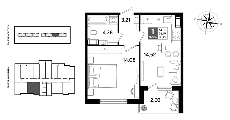 1-комнатная квартира, 38.22 м² - планировка, фото №1