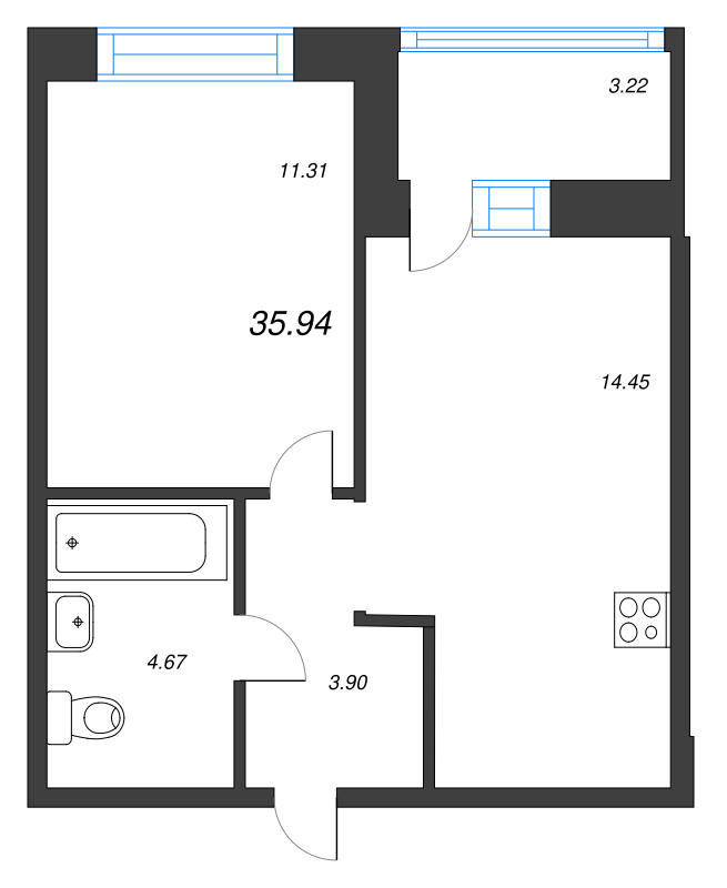 1-комнатная квартира, 35.94 м² в ЖК "Уютный" - планировка, фото №1