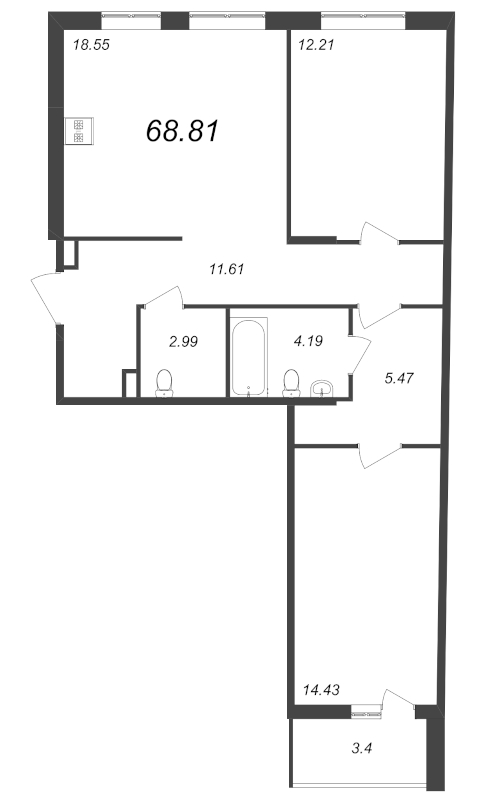 3-комнатная (Евро) квартира, 68.81 м² - планировка, фото №1