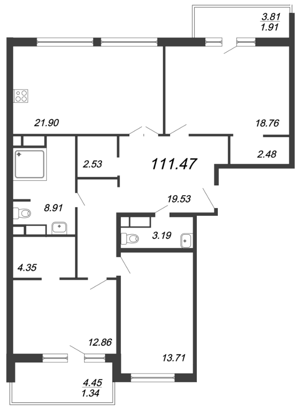 3-комнатная квартира, 111.47 м² в ЖК "Ariosto" - планировка, фото №1