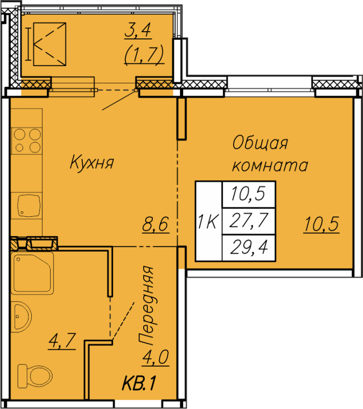 1-комнатная квартира, 29.4 м² - планировка, фото №1