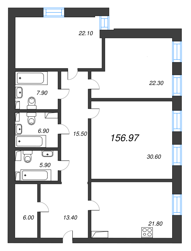 4-комнатная (Евро) квартира, 157.6 м² - планировка, фото №1