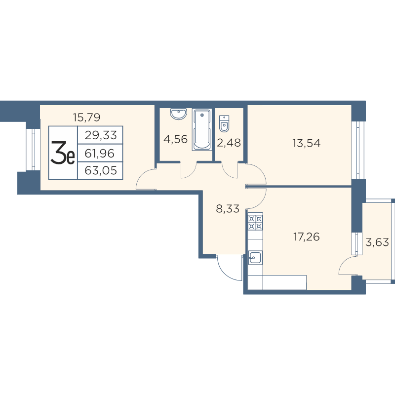 3-комнатная (Евро) квартира, 62.81 м² - планировка, фото №1
