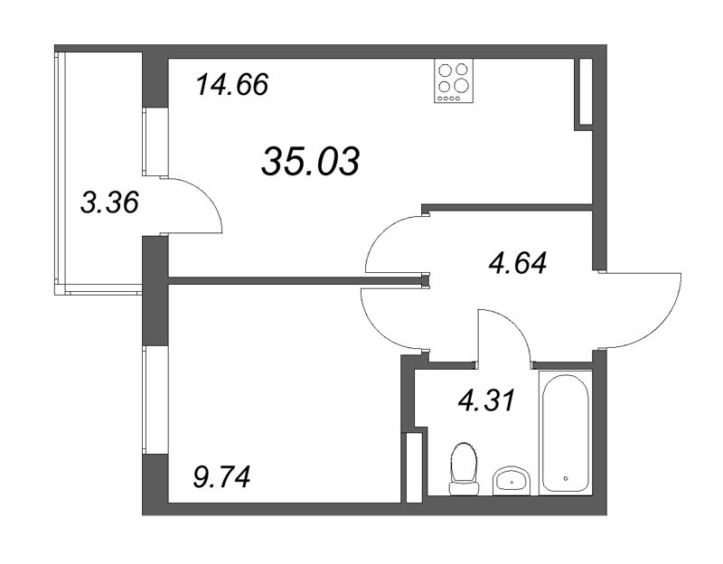 1-комнатная квартира, 35.03 м² в ЖК "Новая история" - планировка, фото №1