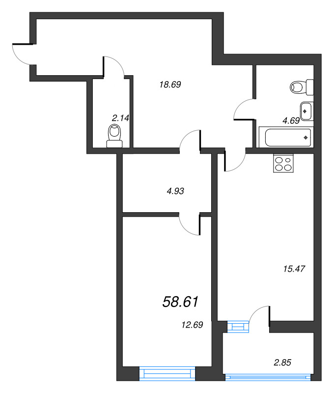 2-комнатная (Евро) квартира, 58.61 м² - планировка, фото №1
