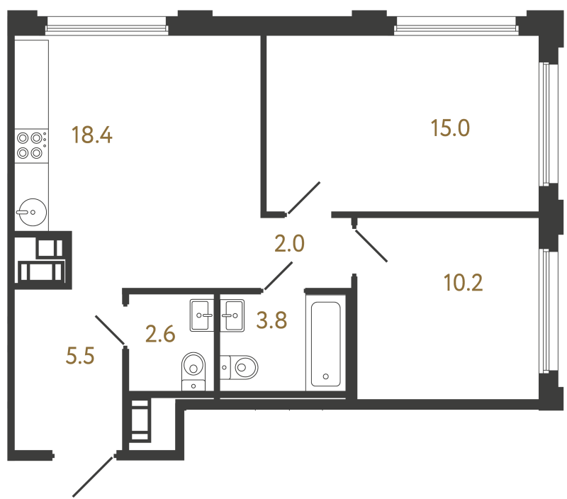 3-комнатная (Евро) квартира, 57.5 м² в ЖК "Гений" - планировка, фото №1