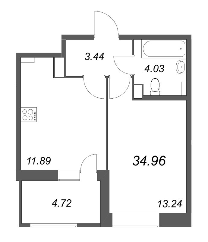 1-комнатная квартира, 34.96 м² в ЖК "Аквилон RekaPark" - планировка, фото №1