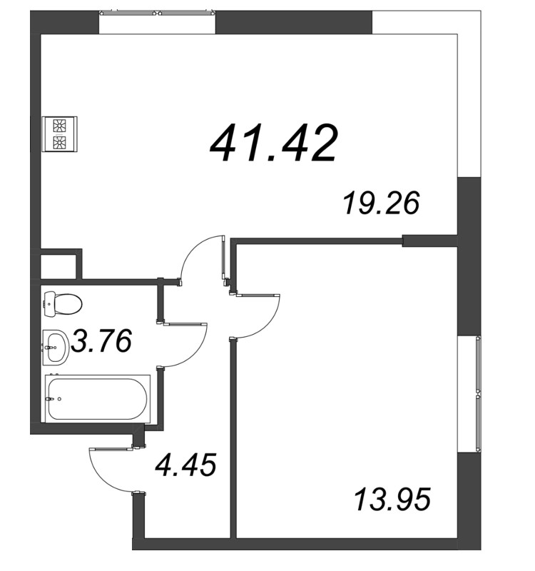 2-комнатная (Евро) квартира, 41.42 м² - планировка, фото №1