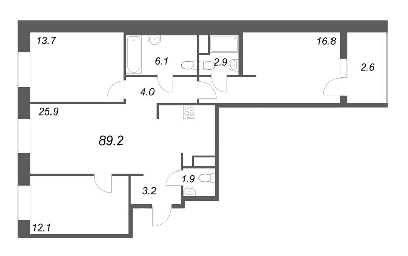 3-комнатная квартира, 89.2 м² в ЖК "Моисеенко 10" - планировка, фото №1