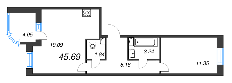 2-комнатная (Евро) квартира, 45.69 м² в ЖК "Энфилд" - планировка, фото №1