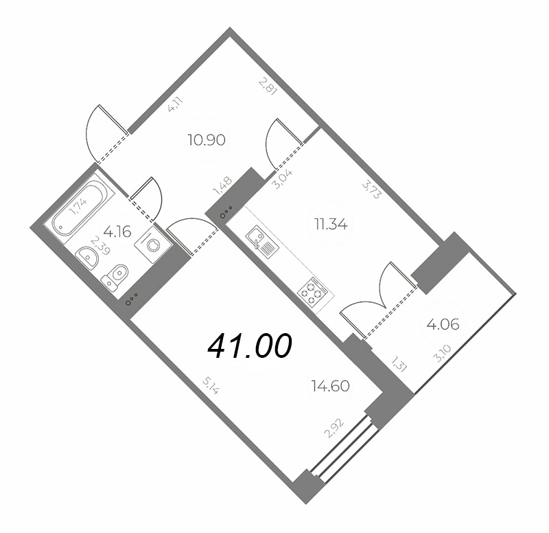 1-комнатная квартира, 43.03 м² - планировка, фото №1