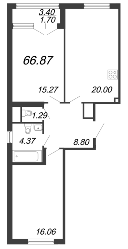 3-комнатная (Евро) квартира, 66.87 м² - планировка, фото №1