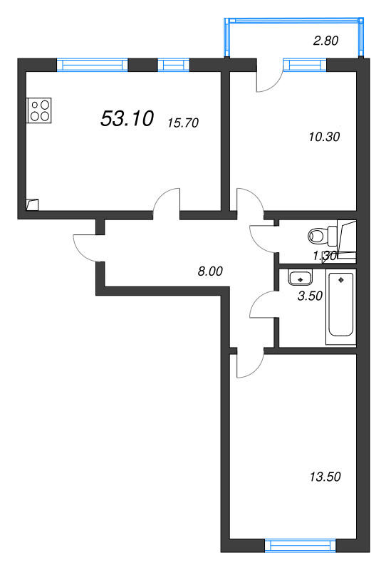 3-комнатная (Евро) квартира, 53.1 м² в ЖК "Ручьи" - планировка, фото №1