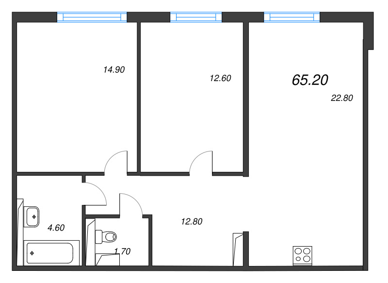 3-комнатная (Евро) квартира, 65.2 м² в ЖК "Руднева 15" - планировка, фото №1