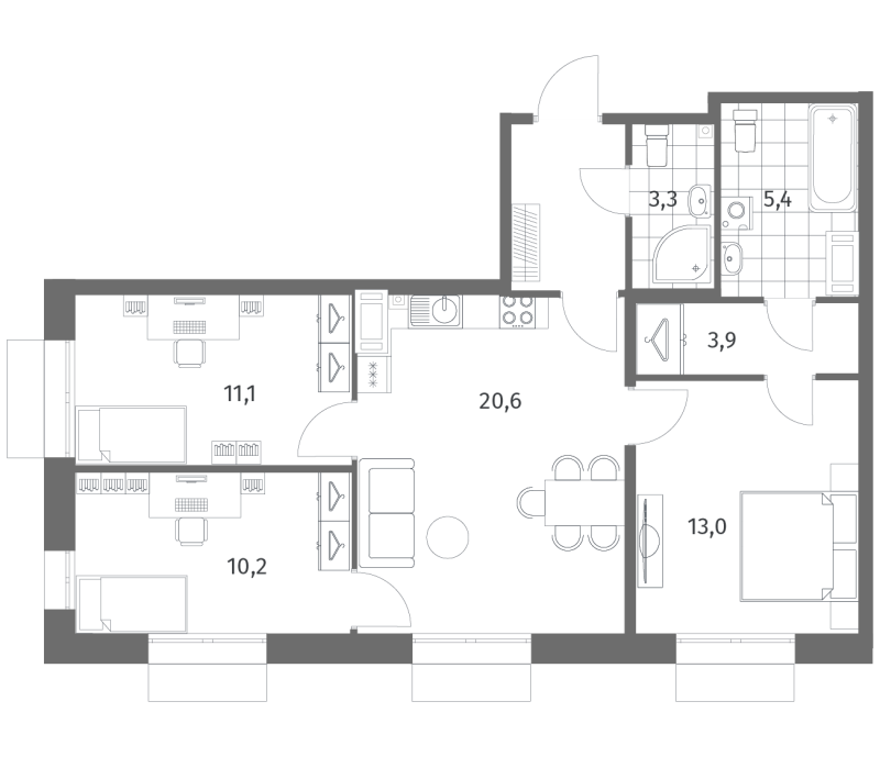 4-комнатная (Евро) квартира, 71.7 м² в ЖК "Парусная 1" - планировка, фото №1