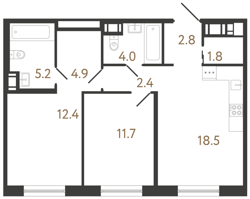 3-комнатная (Евро) квартира, 63.7 м² в ЖК "Передвижники 2" - планировка, фото №1