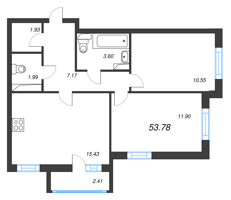 3-комнатная (Евро) квартира, 53.78 м² - планировка, фото №1