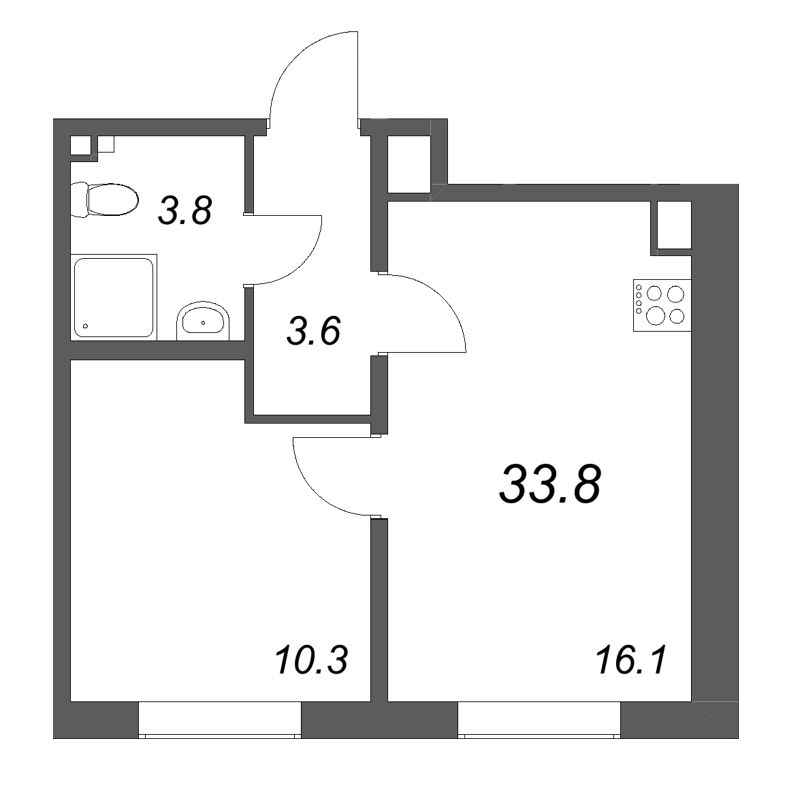 2-комнатная (Евро) квартира, 33.8 м² в ЖК "Пулково Lake" - планировка, фото №1