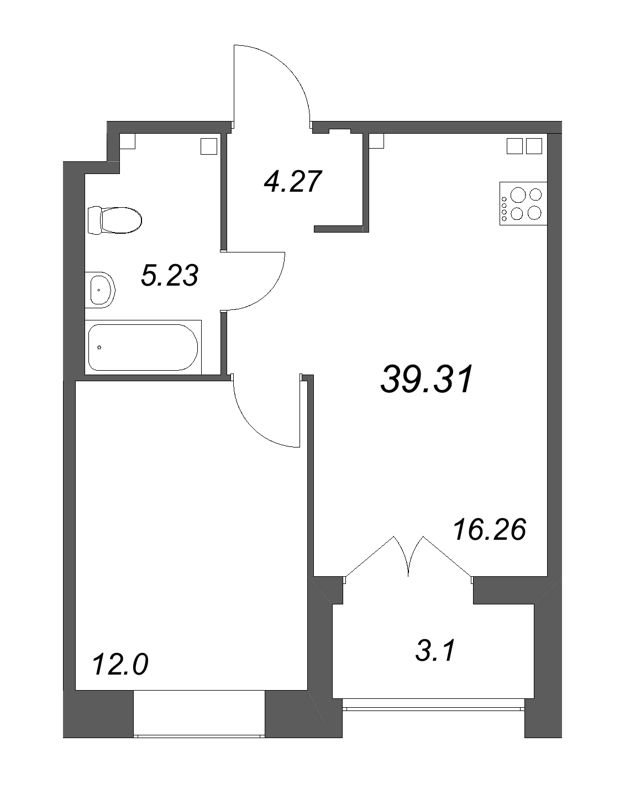 2-комнатная (Евро) квартира, 39.31 м² в ЖК "Ranta Residence" - планировка, фото №1