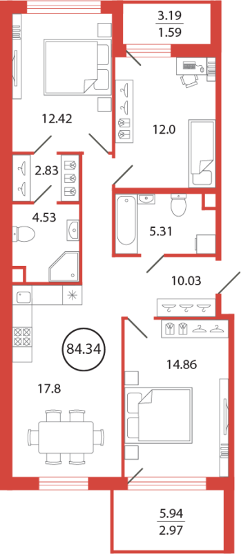 4-комнатная (Евро) квартира, 84.34 м² - планировка, фото №1