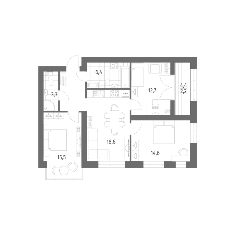 3-комнатная квартира, 79.66 м² в ЖК "Наука" - планировка, фото №1