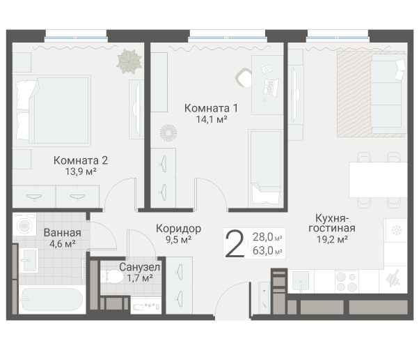 3-комнатная (Евро) квартира, 63 м² в ЖК "Руднева 15" - планировка, фото №1