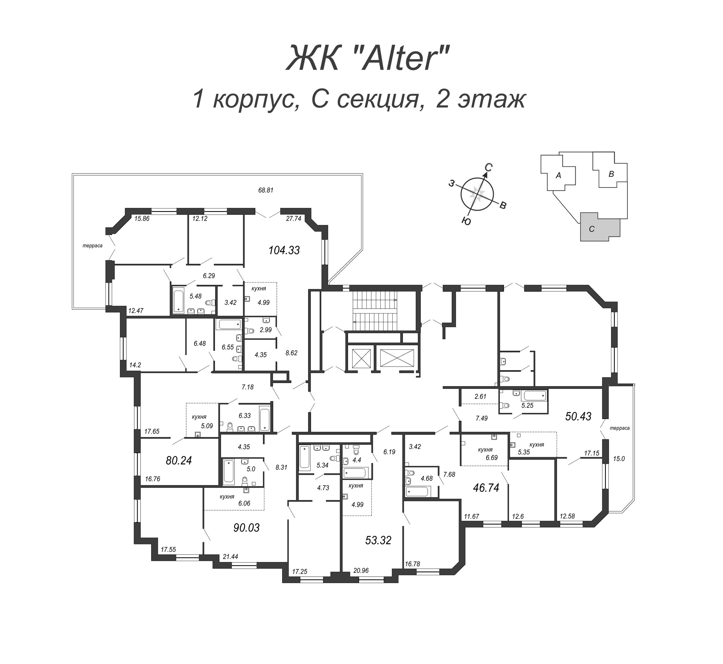 2-комнатная (Евро) квартира, 53.32 м² - планировка этажа