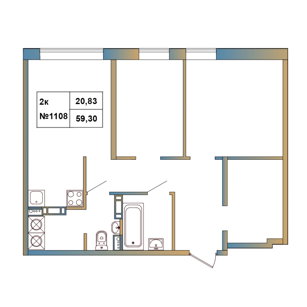 2-комнатная квартира, 59.3 м² в ЖК "Атмосфера Выборга" - планировка, фото №1