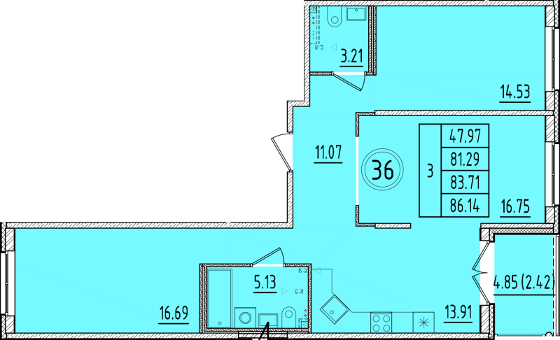 3-комнатная квартира, 81.29 м² - планировка, фото №1