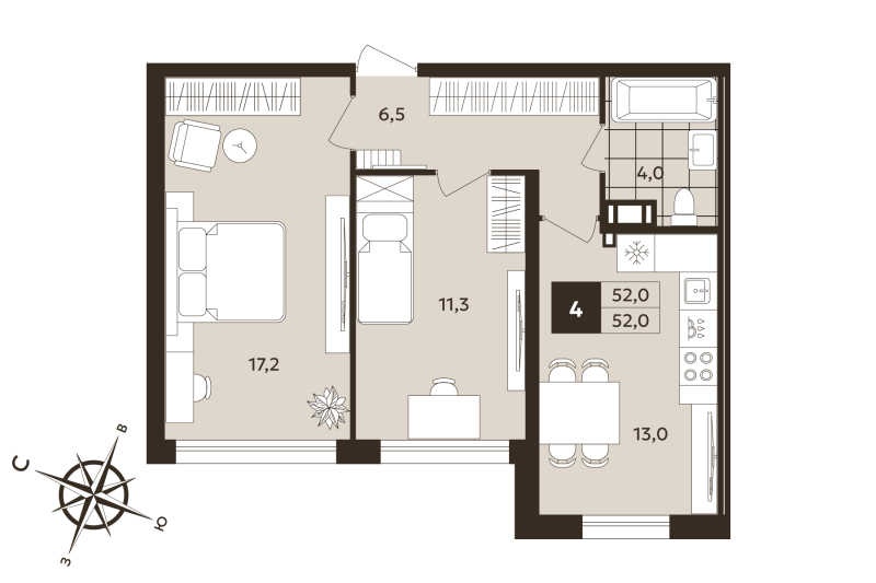 2-комнатная квартира, 52 м² в ЖК "Дом на Бронницкой" - планировка, фото №1