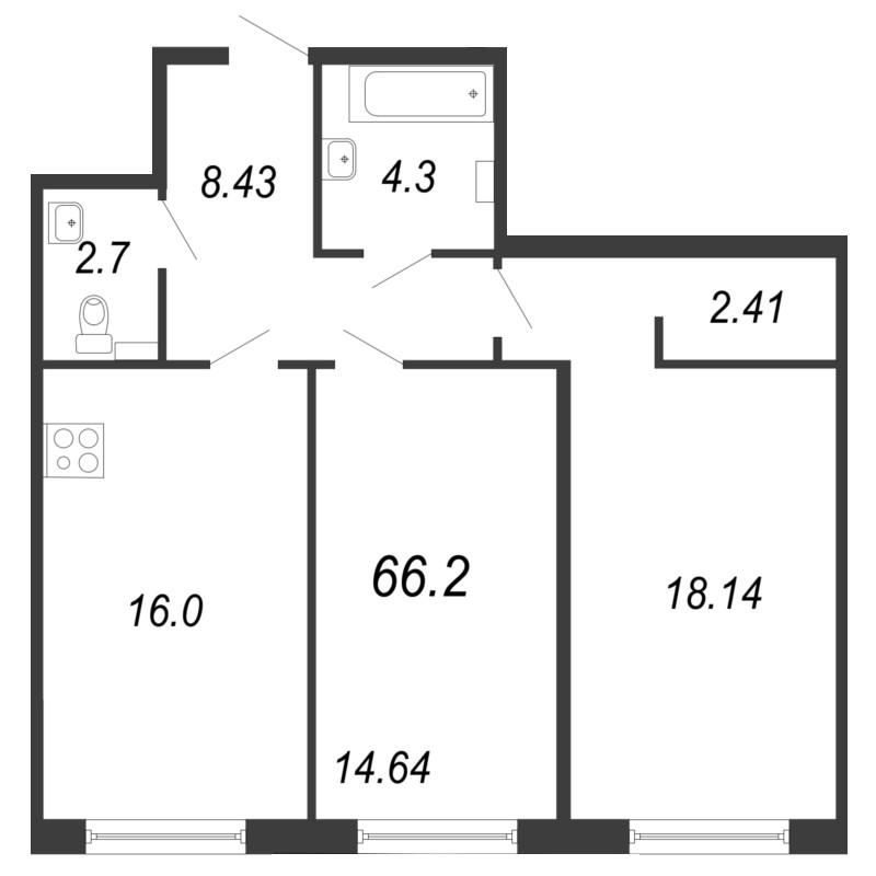 3-комнатная (Евро) квартира, 66.62 м² - планировка, фото №1