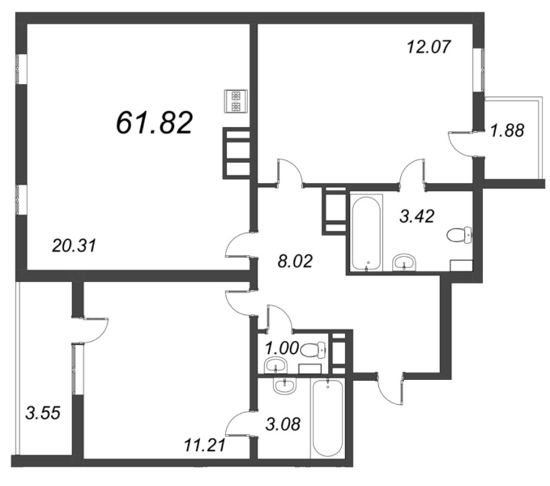 3-комнатная (Евро) квартира, 61.82 м² в ЖК "AEROCITY Family" - планировка, фото №1
