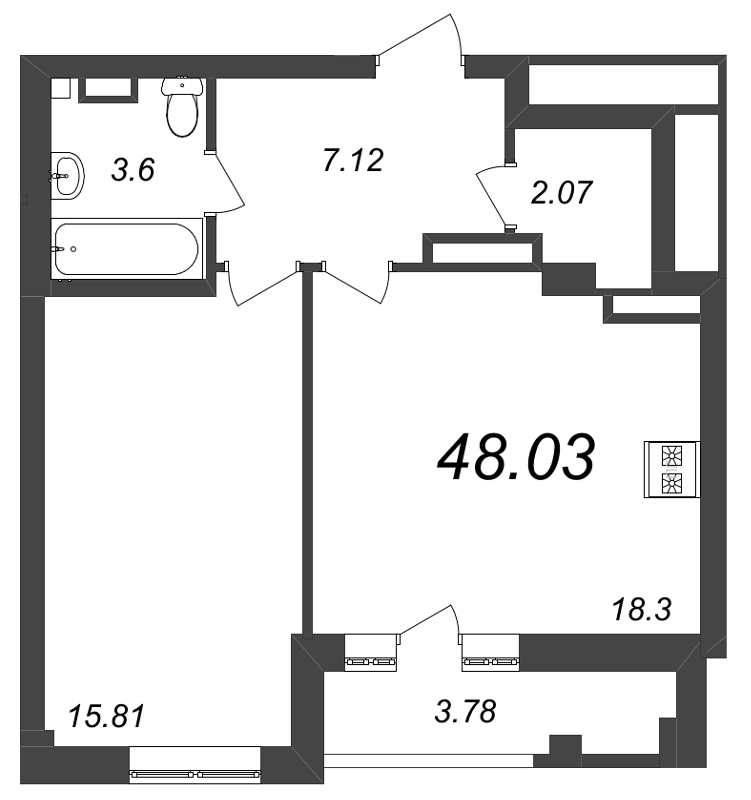 2-комнатная (Евро) квартира, 49.3 м² в ЖК "Neva Residence" - планировка, фото №1