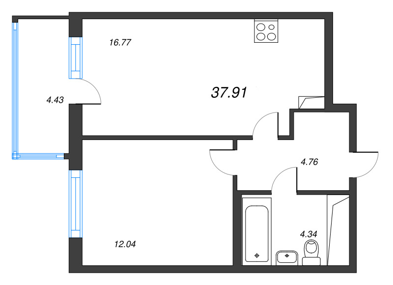 2-комнатная (Евро) квартира, 37.91 м² в ЖК "Ясно.Янино" - планировка, фото №1