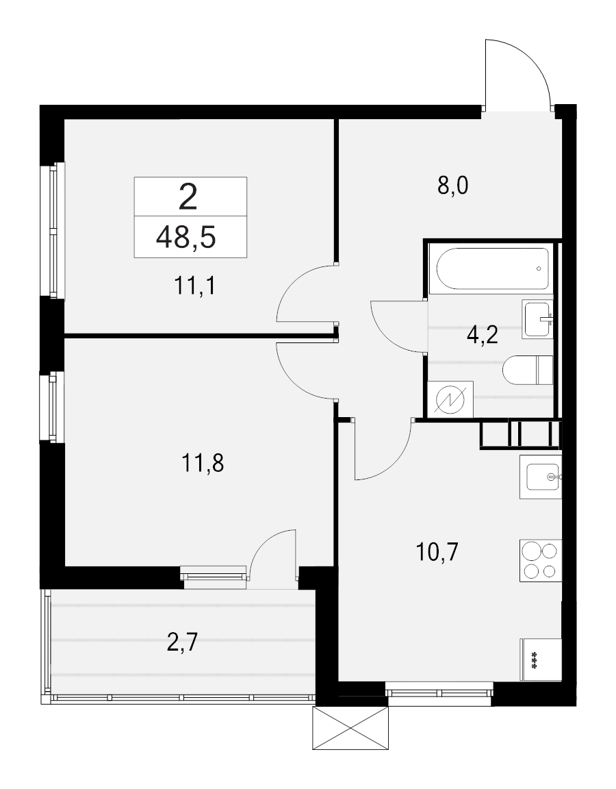 2-комнатная квартира, 48.5 м² в ЖК "А101 Лаголово" - планировка, фото №1