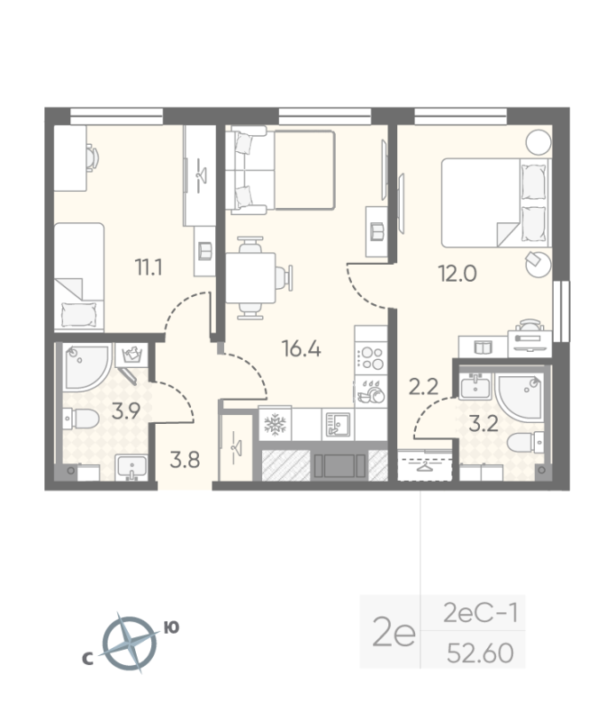 2-комнатная квартира, 52.6 м² - планировка, фото №1