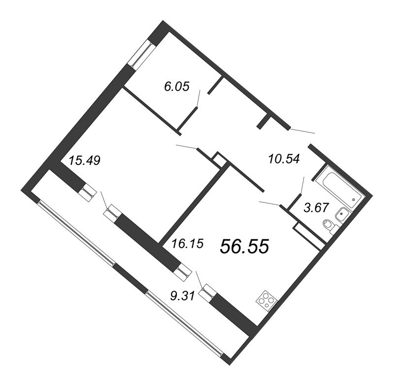 2-комнатная (Евро) квартира, 56.55 м² - планировка, фото №1