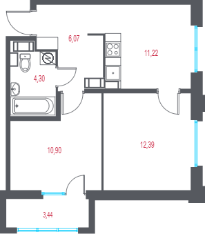 2-комнатная квартира, 45.91 м² в ЖК "Город-спутник Южный" - планировка, фото №1