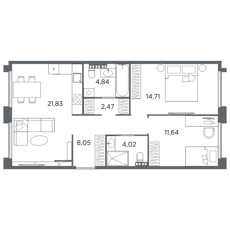 3-комнатная (Евро) квартира, 67.56 м² в ЖК "Акватория" - планировка, фото №1